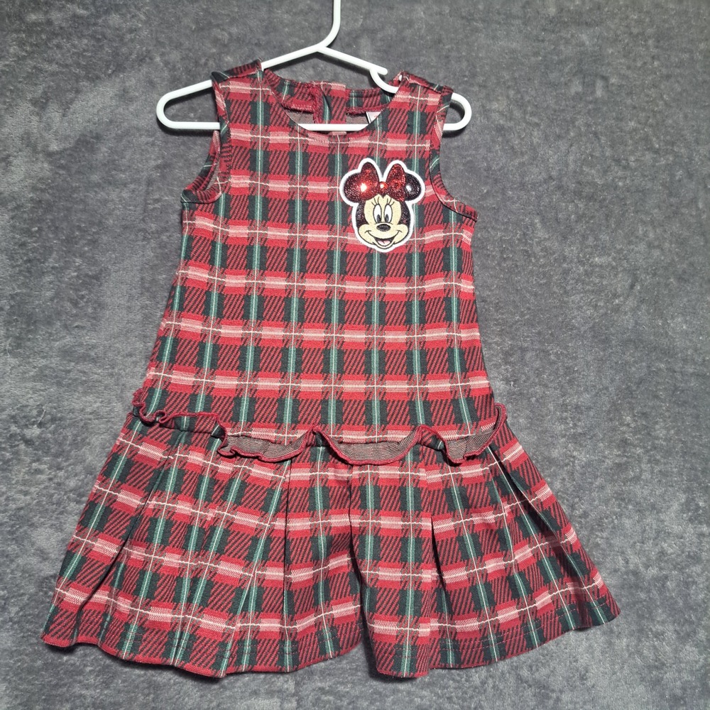 Disney Minnie Mouse Girls Plaid Holiday Dress Red Green Sequin Size 4 Christmas